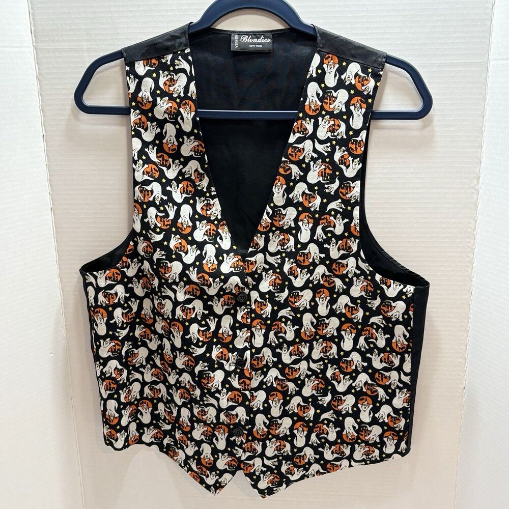 Vtg Blondies New York Halloween Vest Sz M L Ghosts Pumpkins Novelty 90’s